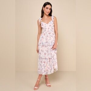 Lulus Flirtatious Radiance Blush Pink Floral Mesh Bustier Midi Dress